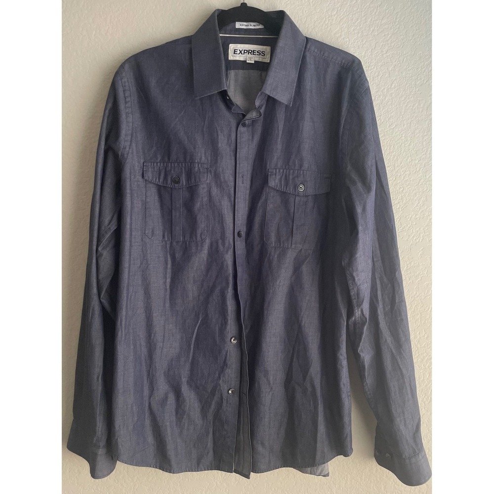 Express Mens Extra Slim Fit Button Down Shirt Navy Long Sleeve Large 16-16.5